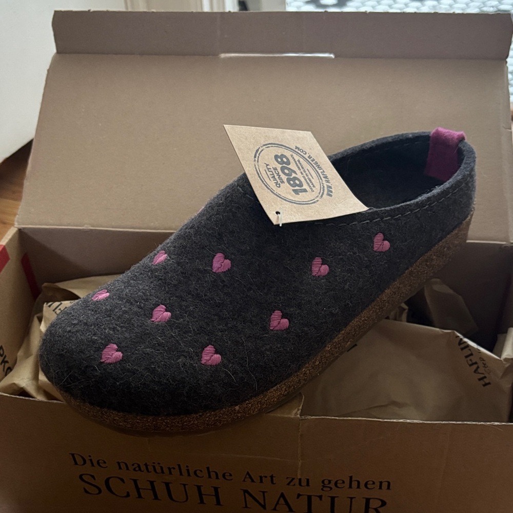 NWT Haflinger Gray Slippers with Pink Heart Accents